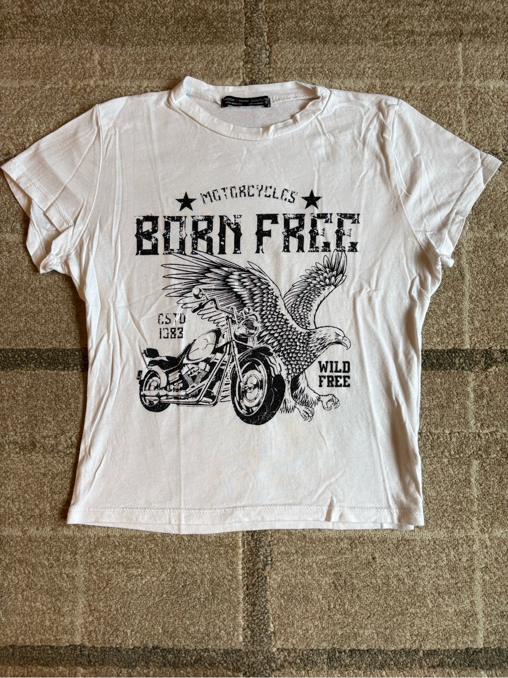 Rock Rose Couture graphic t-shirt Born Free Motorcycle Eagle White and Black Med